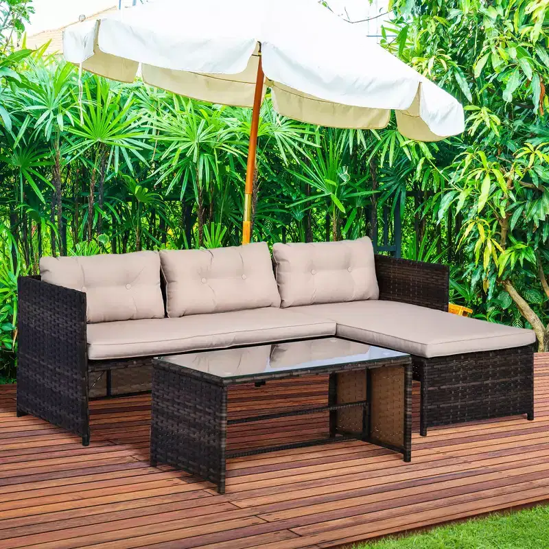 3 Piece Patio Furniture Set, Rattan Outdoor Sofa Set with Chaise Lounge & Loveseat, Soft Cushions, Tempered Glass Table, L-Shaped Sectional Couch