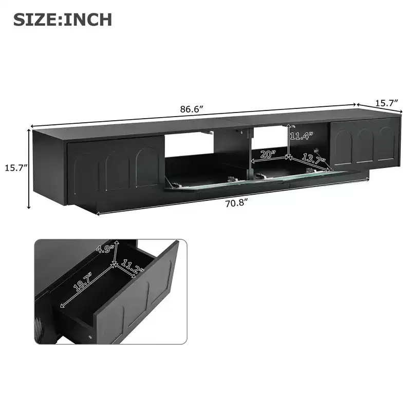 On-Trend TV Stand with Fluted Tempered Glass Doors for TVs Up to 95'', Functional Media Console with Arched Cabinet Doors