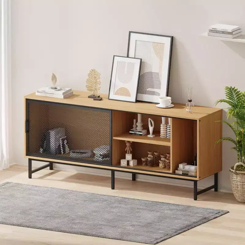 Industrial TV Stand, Entertainment Center Cabinet with Cable Management Holes, Metal Legs & Ample Storage for Living Room