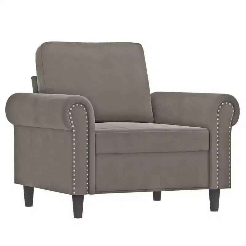 Sofa Chair Light Gray Velvet, Plywood, Metal, Foam