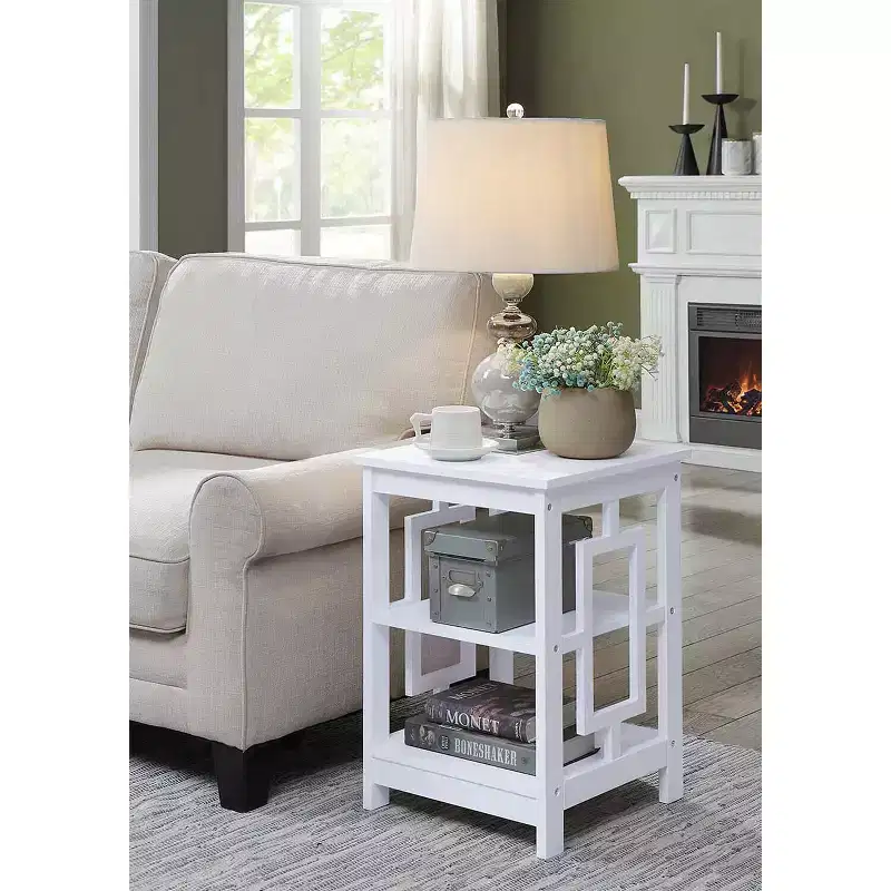 Square End Table with Large Surface and Two Open Shelves, Symmetrical Frame Design, MDF Accent Side Table