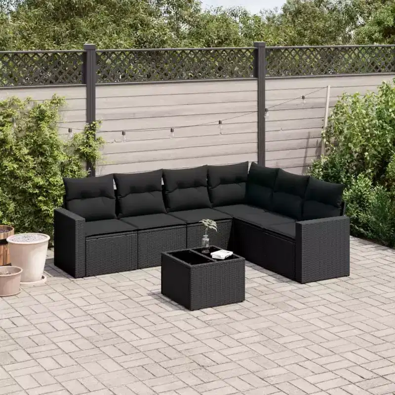 vidaXL 7 Piece Patio Sofa Set with Cushions Black Poly Rattan
