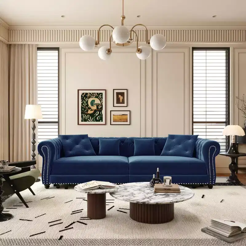 MAYEERTY 89 Velvet 3 Seat Sofa with Movable Ottoman, 3-in-1 Pull Out Sofa Bed, King Size Sofa Bed Blue