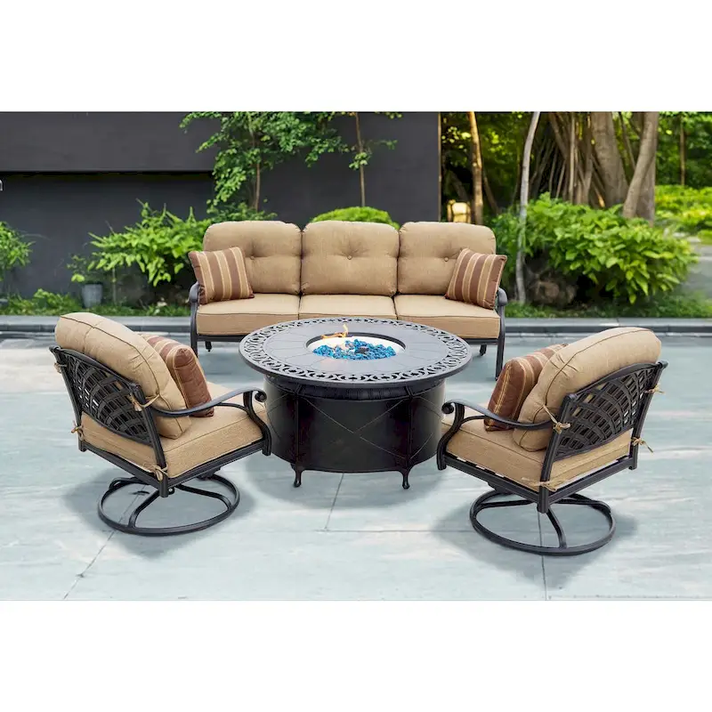Nassau 4-Piece Patio Propane Fire Pit Sofa Set (with 2 Swivel Rocker Club Chairs) and 47 Round Fire Pit Chat Table