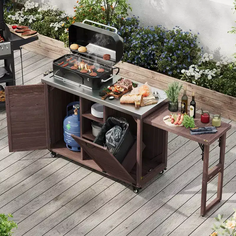 78 Inch Outdoor Kitchen Island, Stainless Steel Top, Foldable BBQ Station, Dark Brown