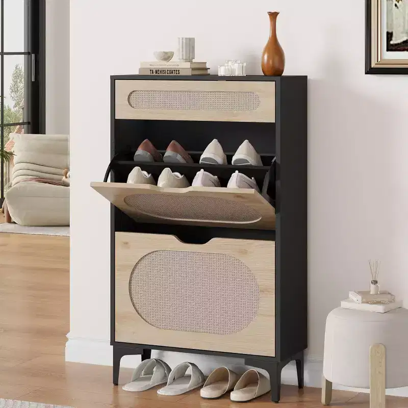 Rattan Shoe Cabinet with 2 Flip Drawers & 1 Pull-Out Drawer, Adjustable Shelves, Metal Legs, Space-Saving Entryway Storage