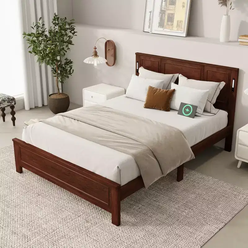 Whisen Queen Bed & Bed Frame with Tall-Panel Headboard & Footboard, Built-in LED Lights, USB Charging Station