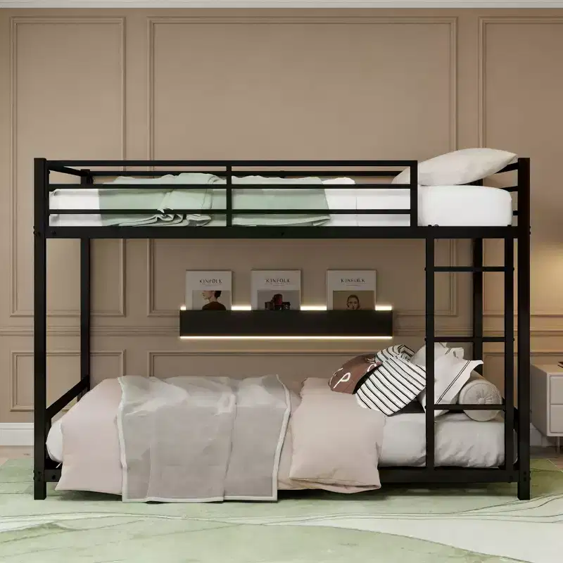 Black / Silver Twin over Twin Metal Bunk Bed with Guardrail, Convertible to 2 Single Beds