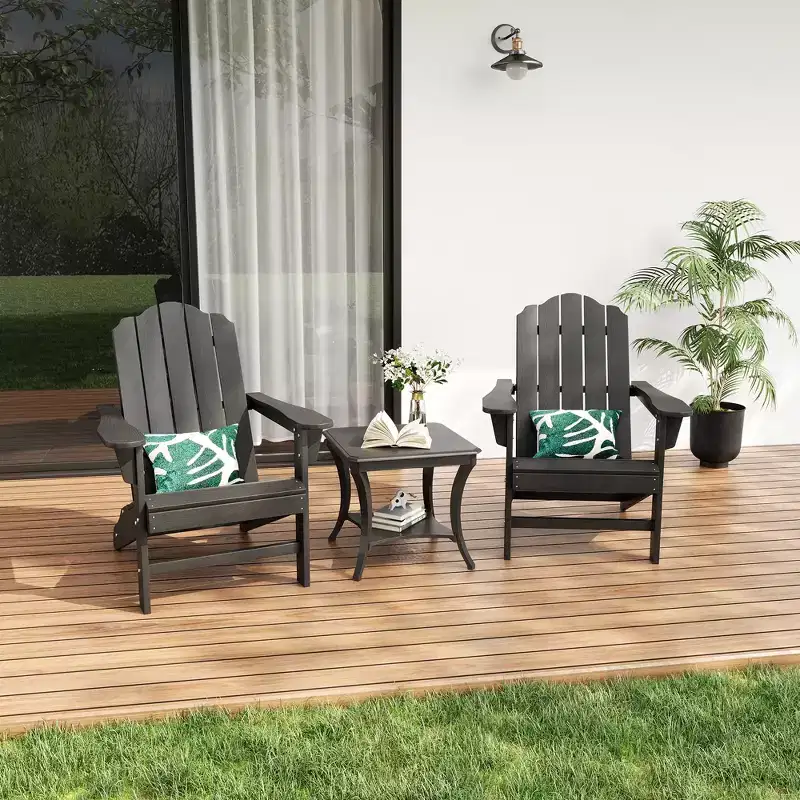 2-Pack Wood Grain Folding Adirondack Chairs, Weather-Resistant Plastic Outdoor Patio Chairs with Cup Holder & Wide Armrests, Ideal Lawn Chairs