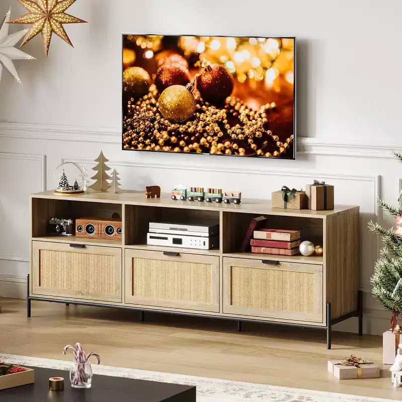 75'' TV Stand, Mid-Century PE Rattan Media Console with 3 Drawers & Shelves - Metal Legs for Living Room/Bedroom