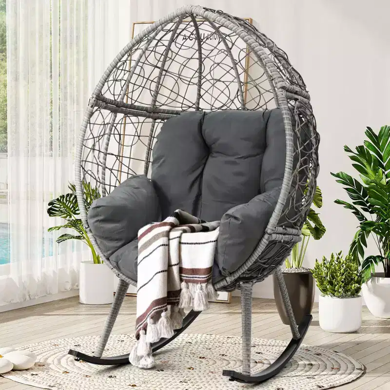Rocking Egg Chair Wicker Patio Chair Resilient Egg Lounger Chair with Cushioned