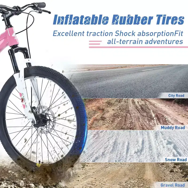 NAYSAYE Bicycle Mountain Bike Durable Steel Frame with Suspension for Kids Outdoor Riding, Pink, 63.78*24.8*37.2