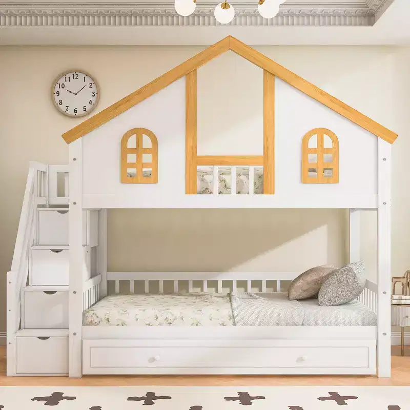 GDF Studio Albright Wooden House Roof Bunk Bed with Storage Staircase and Trundle