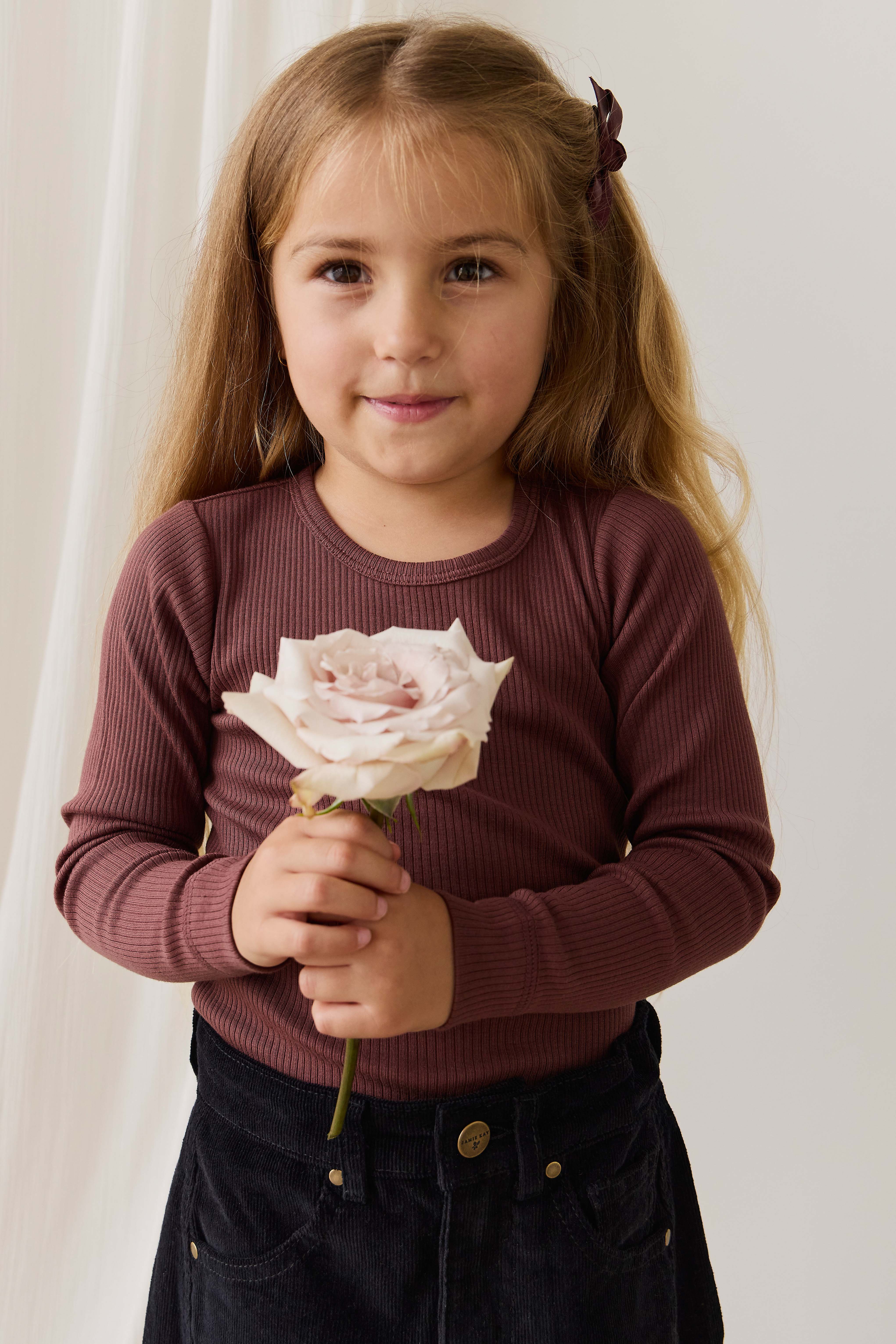 Earthy Burnt Cinnamon Ribbed Organic Cotton-Modal Long Sleeve Top with Button Placket for Layering NB–10Y