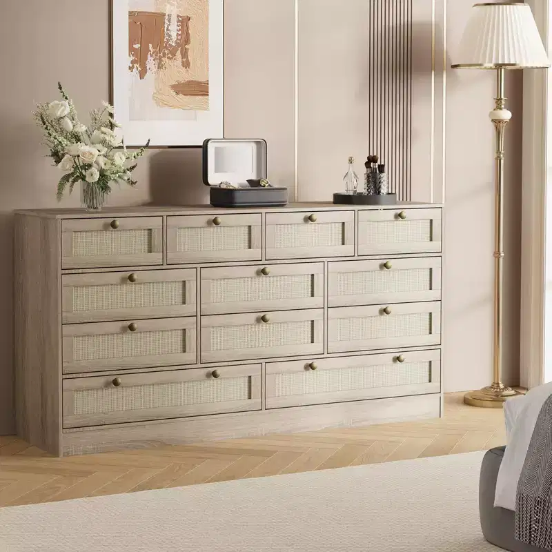 Wooden Dressers for Bedroom with 12 Drawers, 61 Wide TV Stand Dresser for 65 inch TV, Rattan Chest of Drawers for Living Room, Hallway