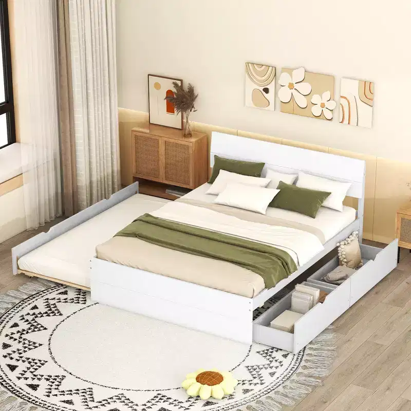 Full Platform Bed with Drawers, Solid Wood Bed Frame with Headboard and Footboard for Bedroom