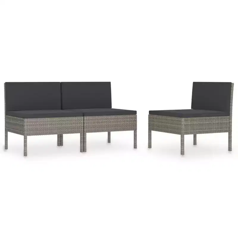 vidaXL Patio Chairs 3 Pcs Rattan Conversation Chair with Cushions Poly Rattan