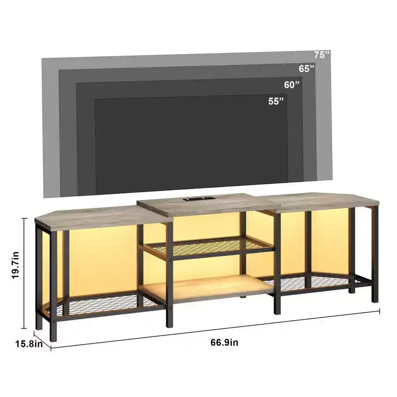 TV Stand with 4 Open Storage Shelves, Corner Entertainment Center with Power Outlet