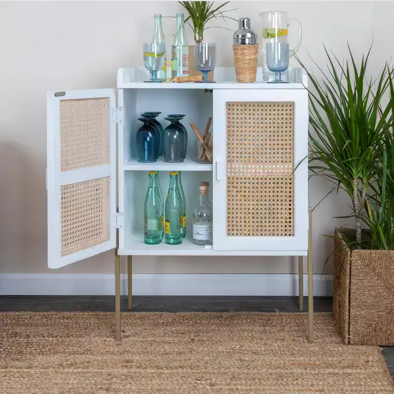 Storied Home Boho Solid Wood Bar Cabinet with Metal Legs and Woven Cane Doors