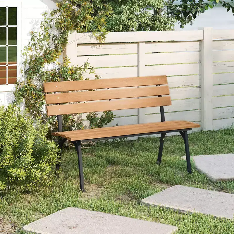 Costway Acacia Wood Patio Loveseat with Heavy Duty Metal Frame, Slatted Backrest and Seat Natural + Black