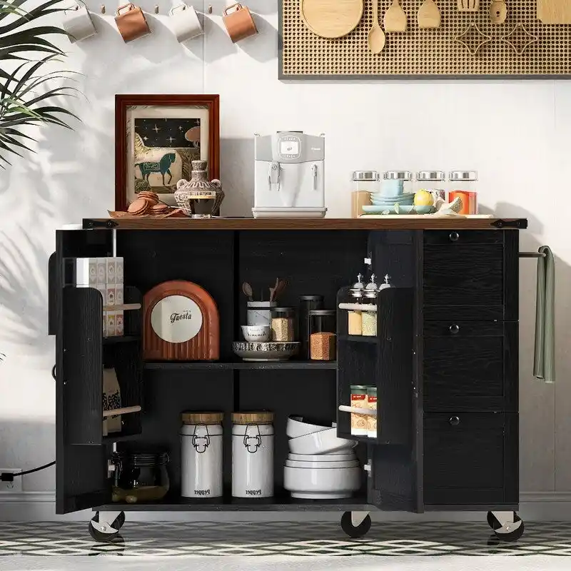 Farmhouse Kitchen Island with Power Outlet, Drop Leaf, Rolling Kitchen Cart