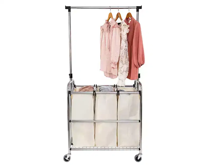 Seville Classics Rolling 3-Bag Steel Laundry Sorter w/ Hanging Bar