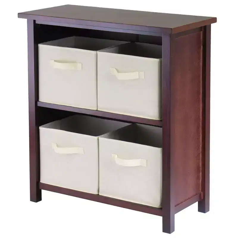 Winsome 5pc Verona Set Storage Shelf with Folding Fabric Baskets Walnut/White: Mid-Century Modern Design, Wood Composite