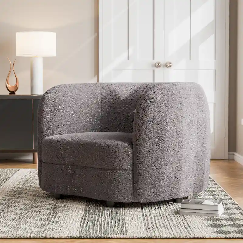 Modern Curved Arms Boucle Accent Chair with Kidney Style Seat and Round Wooden Legs