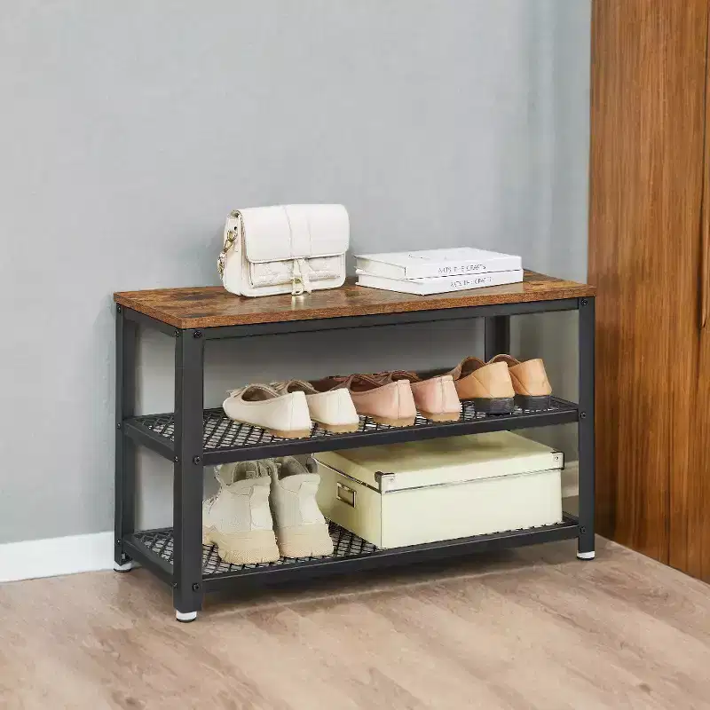 Industrial Chic 3-Tier Shoe Rack Bench with Metal Mesh Shelves - Stylish Entryway Organization and Seating