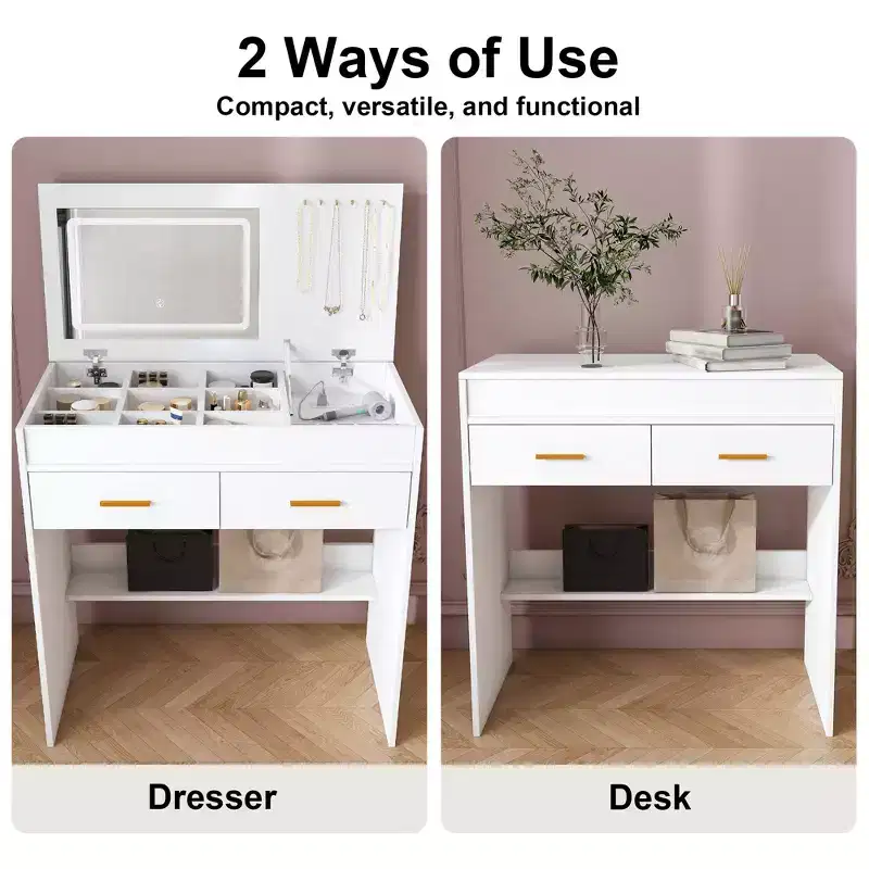 31.5 Flip-Top Makeup Dressing Table with LED Lighted Mirror & Built-in Outlet - Makeup Vanity Table with 2 Drawers, Hooks for Jewelry