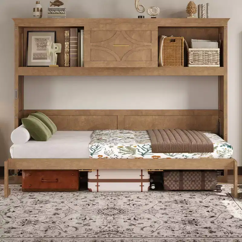 Twin Size Murphy Bed with Charging Station, Storage Drawer & Cabinet, Pine Wood
