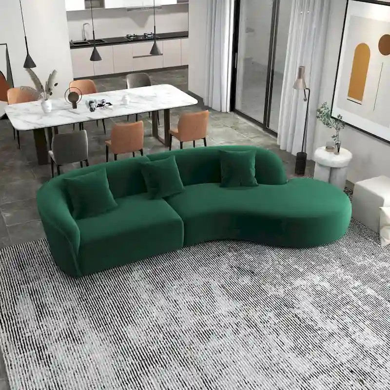 Gold / Dark Green Velvet Curved Tufted Sofa – 2-Seat