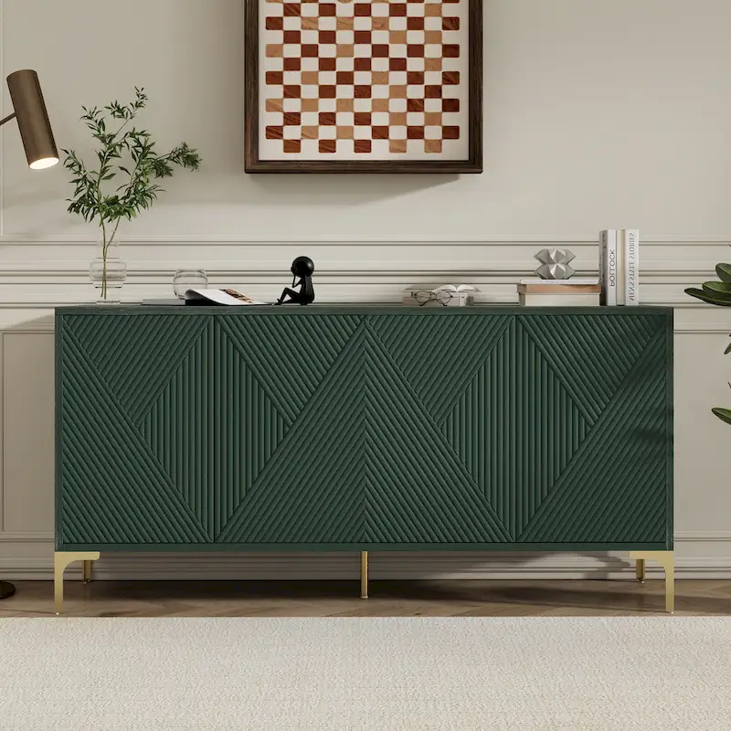 60 4-Door Sideboard Cabinet with Carved Door Panels and Adjustable Shelves for Entryway Dining Room Living Room