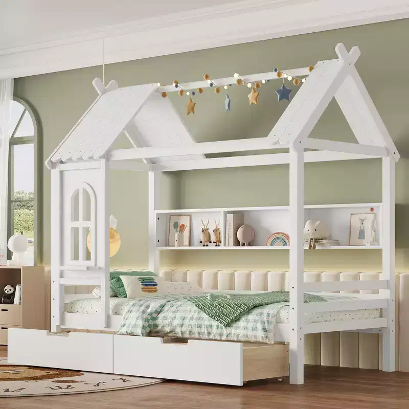 Kids House Platform Bed with Storage Drawers, Built-In Shelves & Window - Twin, White