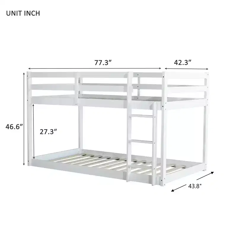 Twin Size Floor Bunk Bed with Ladder and Strengthened Slats for Kids Room