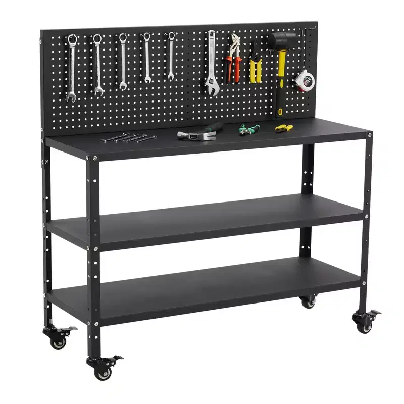 Workbench with Pegboard, Steel Frame Work Table w/ Storage Shelves for Garage & Workshop