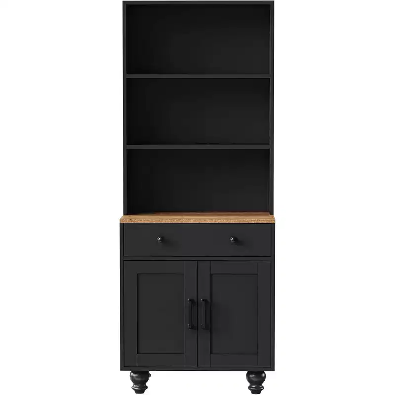 Tall Kitchen Storage Cabinet with Countertop and Drawers, 5-Tier Bookshelf with Adjustable Shelves and Gourd-Shaped Legs for Home Office