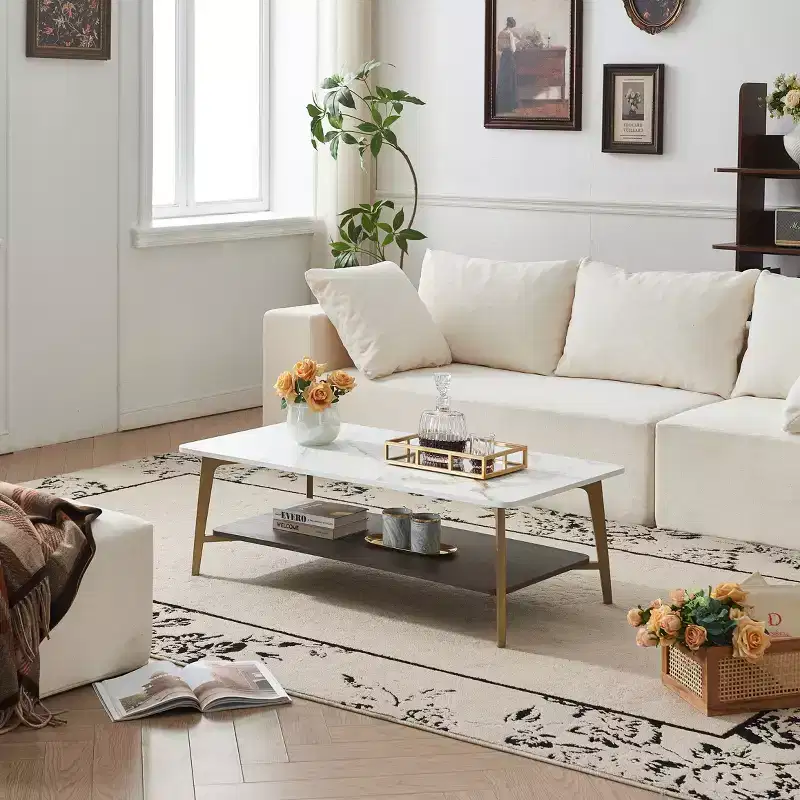GDFStudio Nat 47.24 Rectangular Double Layer Iron Coffee Table with Ceramic Top and Wood Shelf