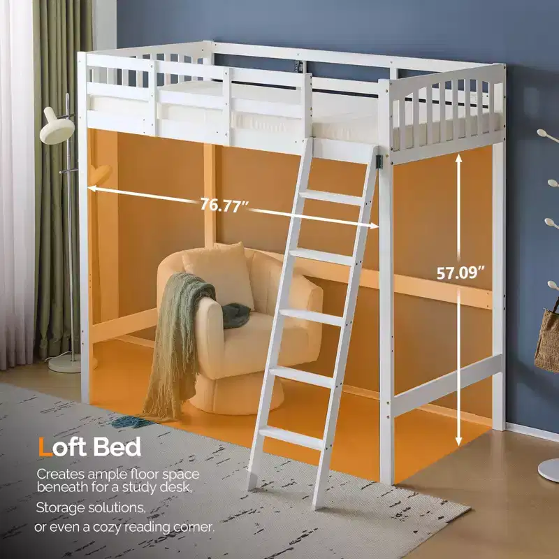 Twin Wood Loft Bed with Charging Station, LED Lights, 15 in Guardrail, Wood Slat Support, White