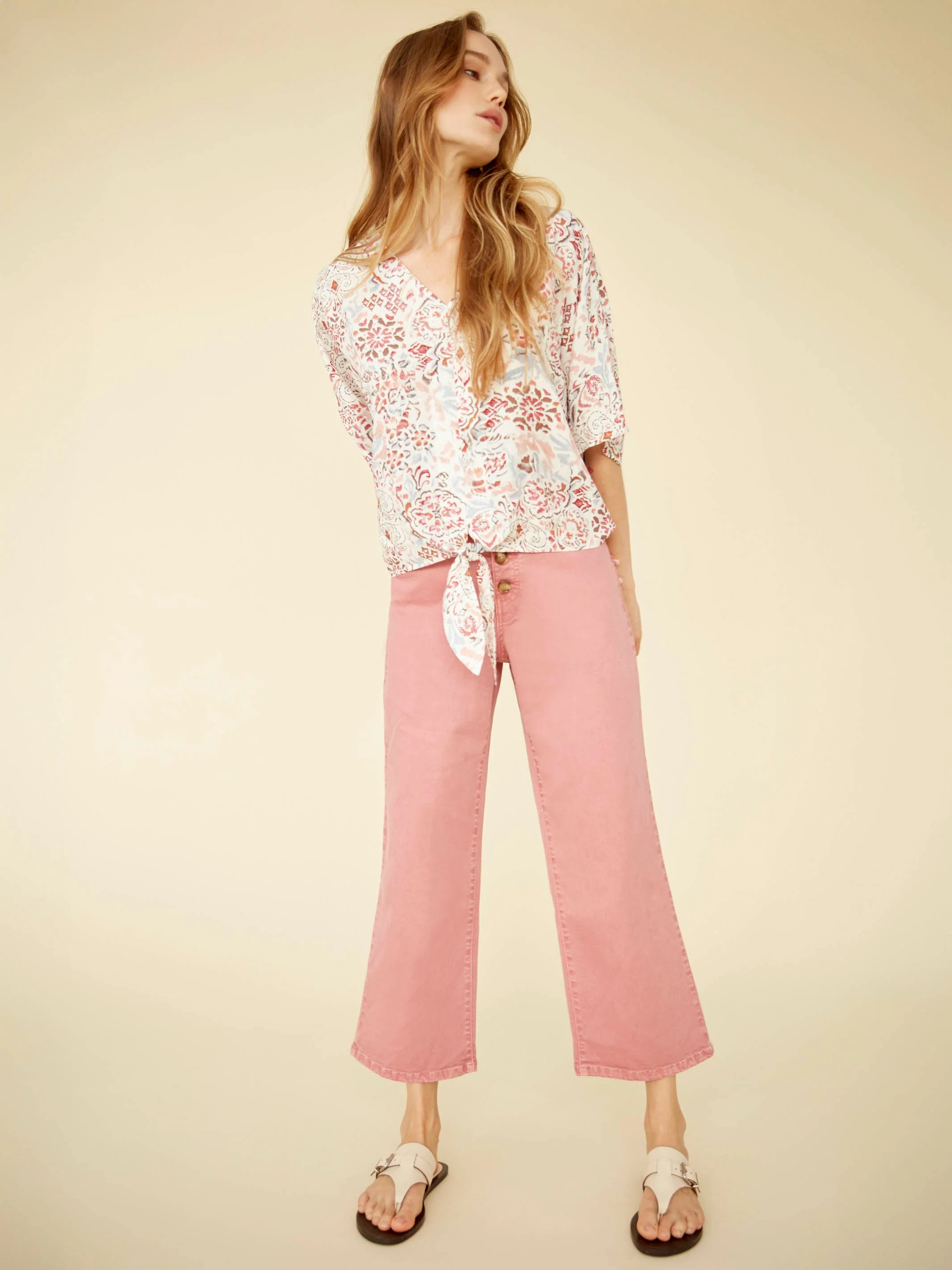 Front Button-Fly Crop Twill Pants - Rose Pink
