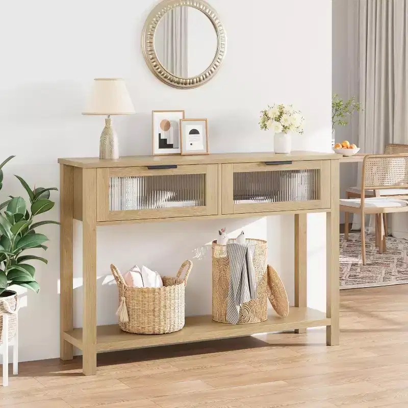 Rustic Wood Console Table with 2 Glass Drawers – Narrow 2-Tier Sofa Side Table