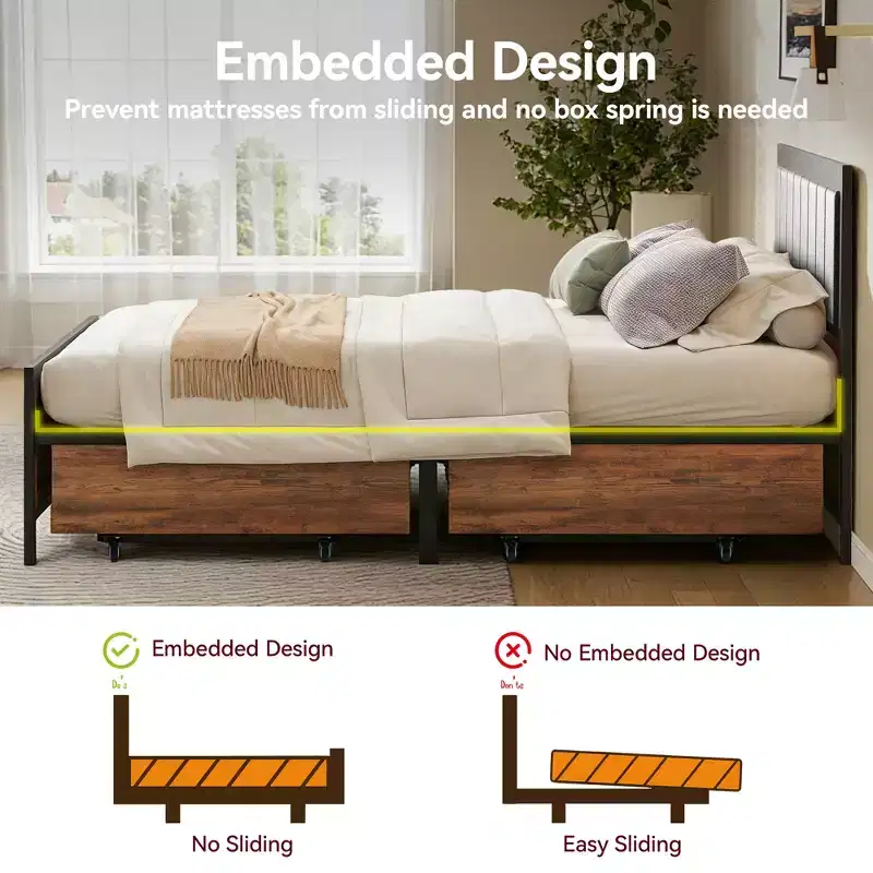 Dyonery Bed Frame with Upholstered Headboard,Metal Bed Frame with Footboard,Noise-Free,No Box Spring Needed,Easy Assembly