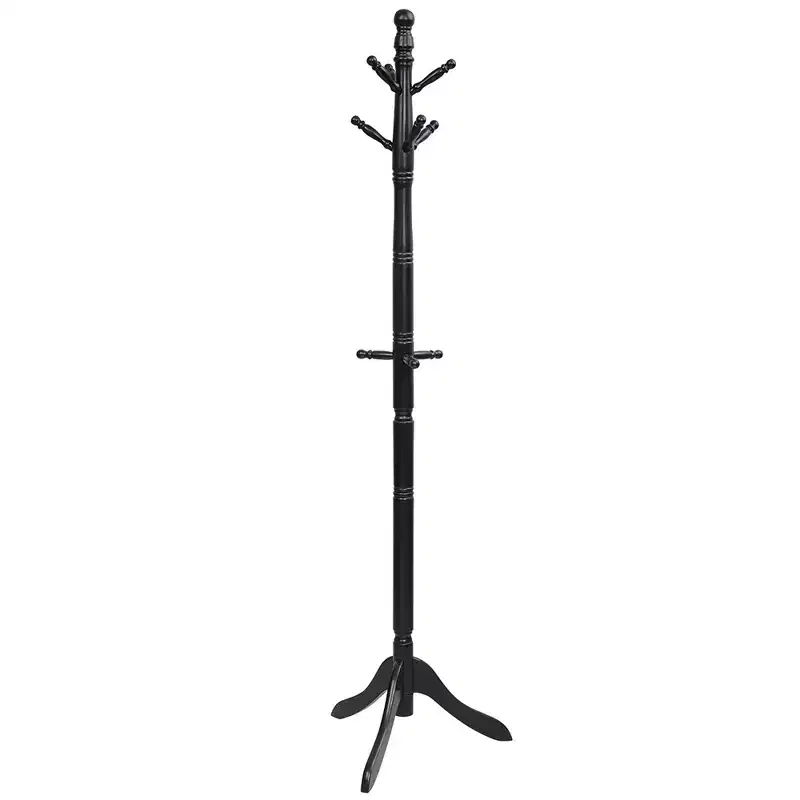Coat Rack Wooden Hall Tree 2 Adjustable Height w/ 9 Hooks Walnut/Black/Grey