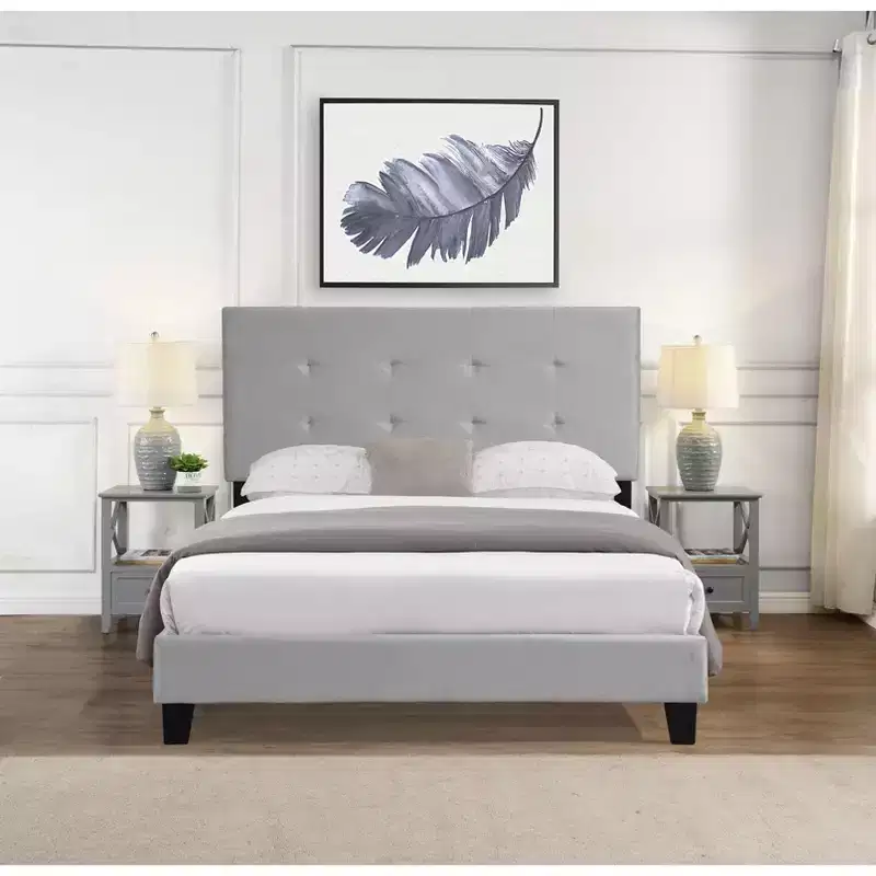 Full Bed Frame with Pull-Point Tufted Headboard, Upholstered Platform Bed with Wood Slat Support, Gray