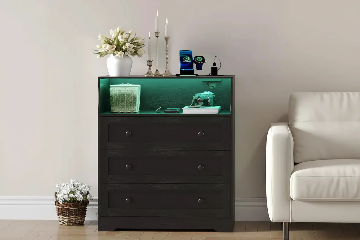31.5 Wide 3-Drawer Dresser, with Open Storage Shelf for Living Room, Black
