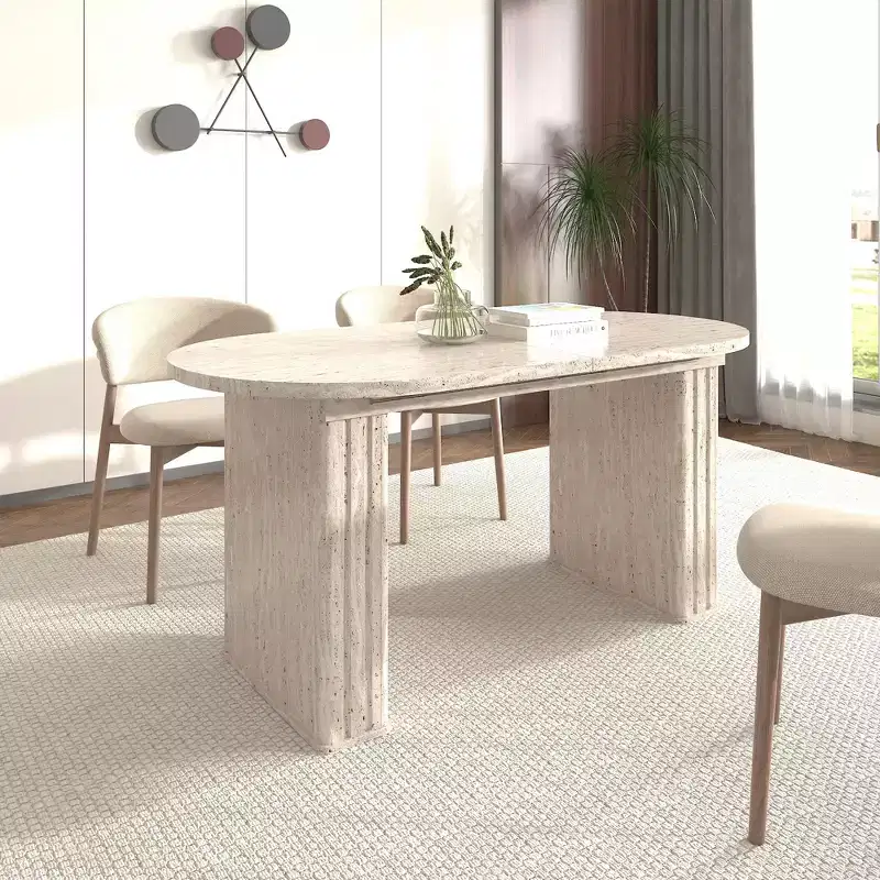 Okak 78IN Extendable Dining Table for 4-8 People, Kitchen Table with Wooden Strip Base, Foldable Table for Living Room, Dining Room