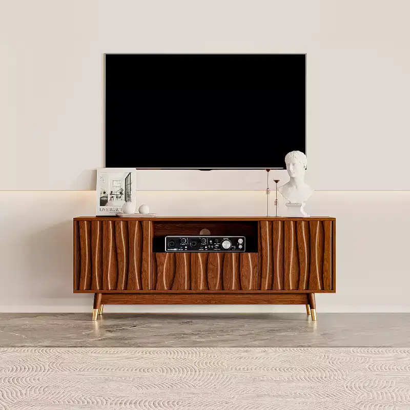 Mid-Century Modern TV Stand with Drawer & Cabinet, Walnut Finish, 66.8