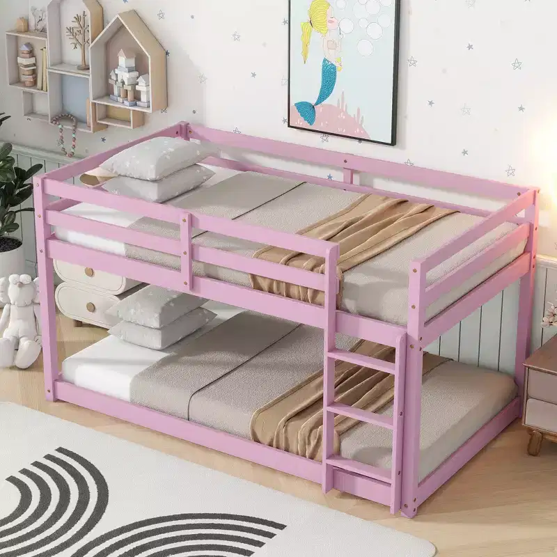Solid Wooden, Twin Floor Bunk Bed wit Ladder, Upper and Bottom Bed Platforms Crafted with Stregthened Slats Pink