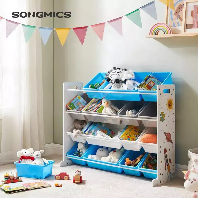 Kids Large Toy Storage Unit with 16 Removable Bins, Space Theme, 41.7