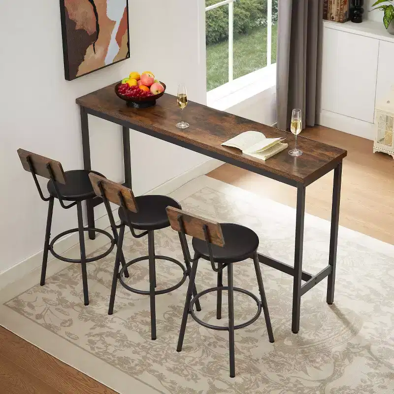 4-Piece Industrial Long Counter Height Dining Table Set with 3 Upholstered Counter Height Stools, Space-Saving Kitchen or Home Bar-Panipeachy